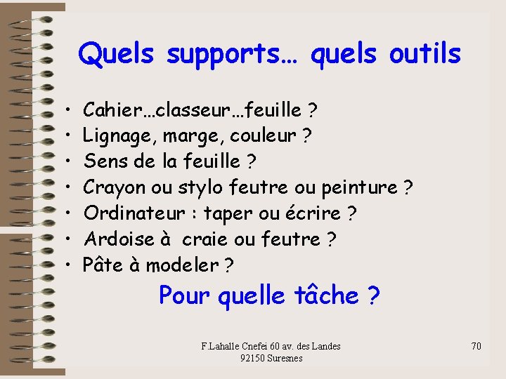 Quels supports… quels outils • • Cahier…classeur…feuille ? Lignage, marge, couleur ? Sens de