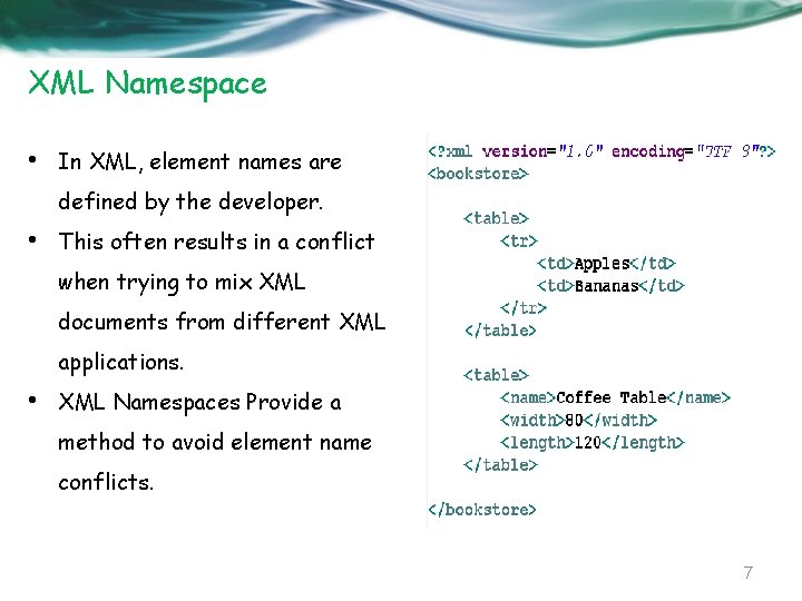 XML Namespace • In XML, element names are defined by the developer. • This