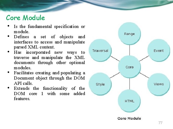 Core Module • • • Is the fundamental specification or module. Defines a set