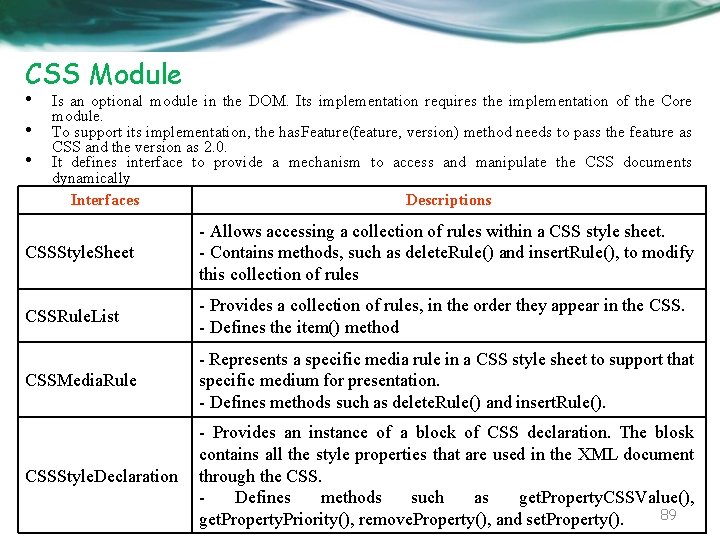 CSS Module • • • Is an optional module in the DOM. Its implementation