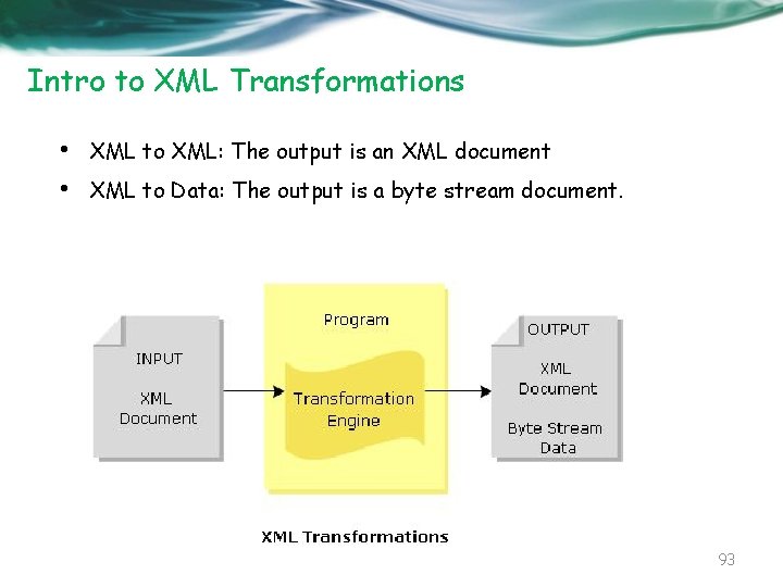 Intro to XML Transformations • • XML to XML: The output is an XML