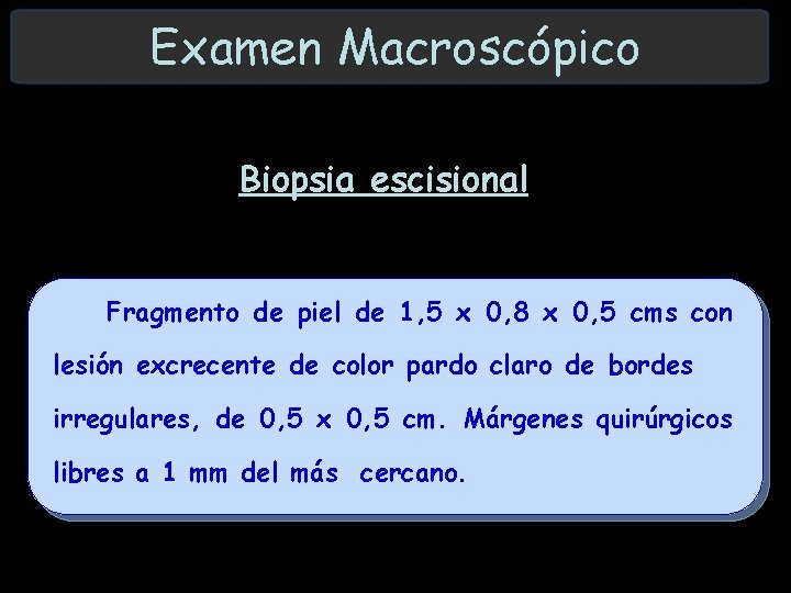 Examen Macroscópico Biopsia escisional Fragmento de piel de 1, 5 x 0, 8 x