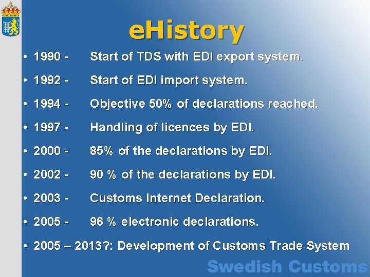 e. History • 1990 - Start of TDS with EDI export system. • 1992