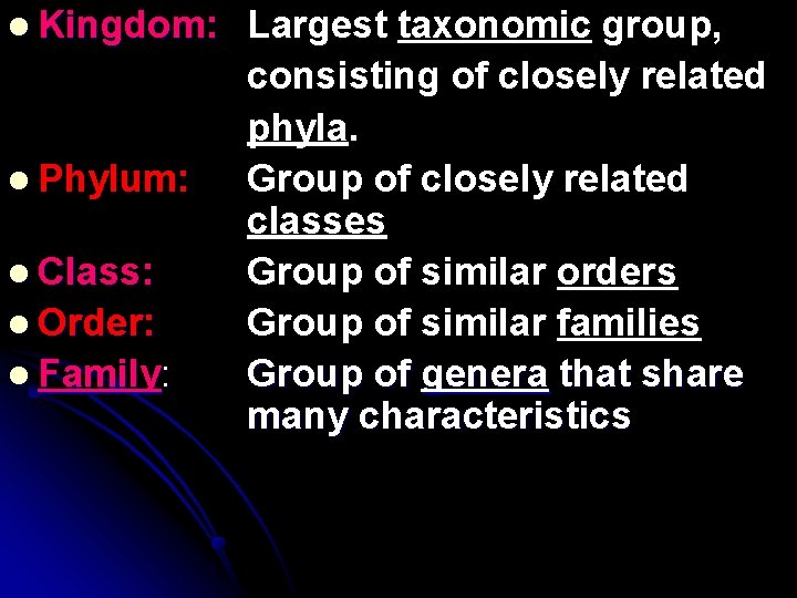 l Kingdom: l Phylum: l Class: l Order: l Family: Largest taxonomic group, consisting