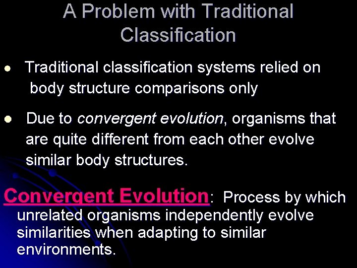 A Problem with Traditional Classification l Traditional classification systems relied on body structure comparisons
