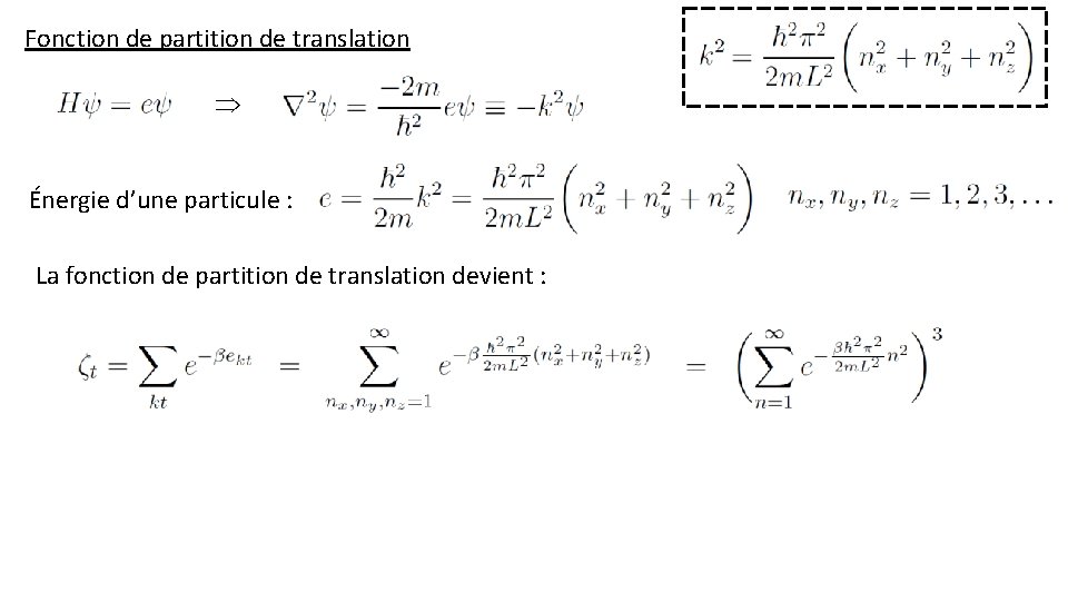 Fonction de partition de translation Énergie d’une particule : La fonction de partition de