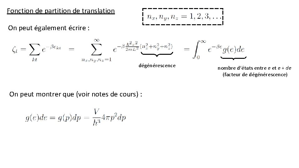 Fonction de partition de translation On peut également écrire : dégénérescence On peut montrer