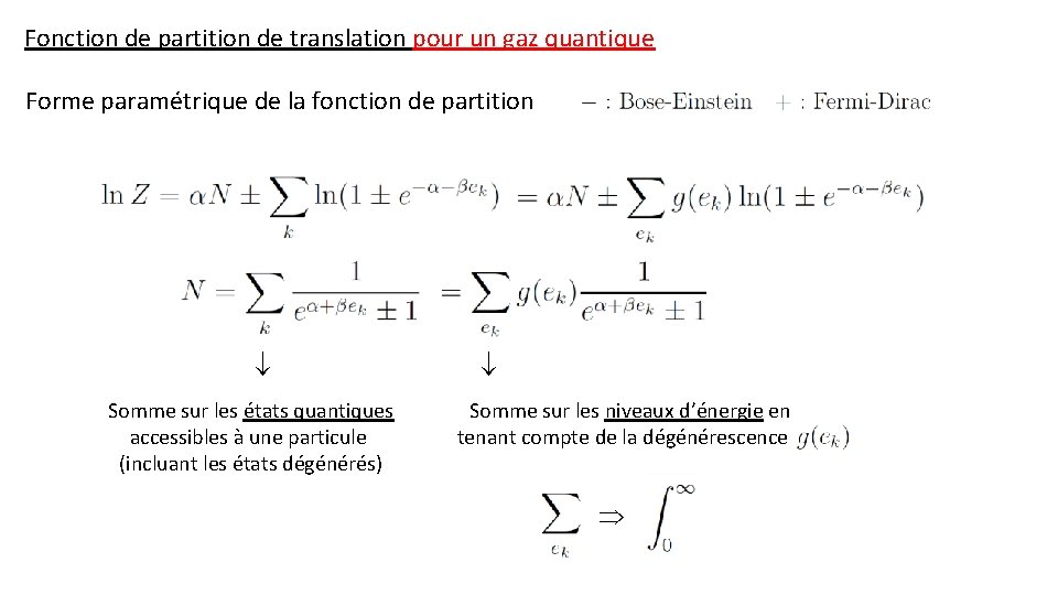 Fonction de partition de translation pour un gaz quantique Forme paramétrique de la fonction