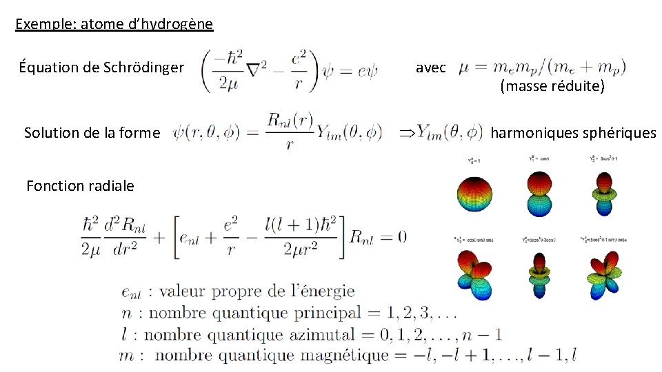 Exemple: atome d’hydrogène Équation de Schrödinger Solution de la forme Fonction radiale avec (masse