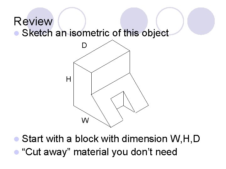 Review l Sketch an isometric of this object D H W l Start with