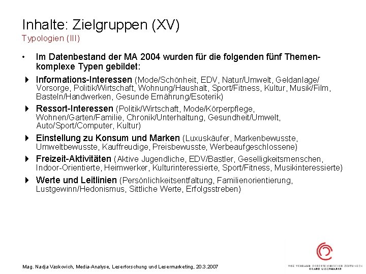 Inhalte: Zielgruppen (XV) Typologien (III) • Im Datenbestand der MA 2004 wurden für die