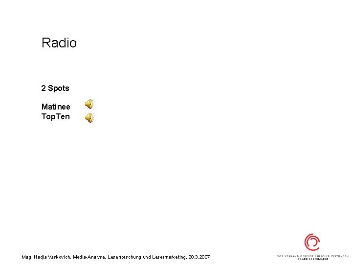 Radio 2 Spots Matinee Top. Ten Mag. Nadja Vaskovich, Media-Analyse, Leserforschung und Lesermarketing, 20.