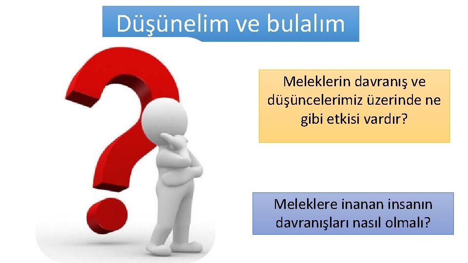 Düşünelim ve bulalım Meleklerin davranış ve düşüncelerimiz üzerinde ne gibi etkisi vardır? Meleklere inanan Düşünelim ve bulalım Meleklerin davranış ve düşüncelerimiz üzerinde ne gibi etkisi vardır? Meleklere inanan