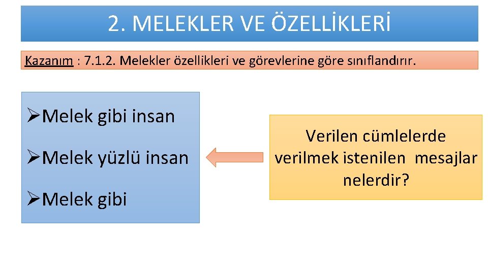2. MELEKLER VE ÖZELLİKLERİ Kazanım : 7. 1. 2. Melekler özellikleri ve görevlerine göre 2. MELEKLER VE ÖZELLİKLERİ Kazanım : 7. 1. 2. Melekler özellikleri ve görevlerine göre