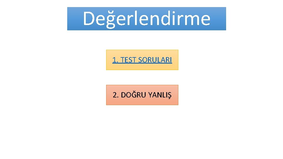 Değerlendirme 1. TEST SORULARI 2. DOĞRU YANLIŞ Değerlendirme 1. TEST SORULARI 2. DOĞRU YANLIŞ