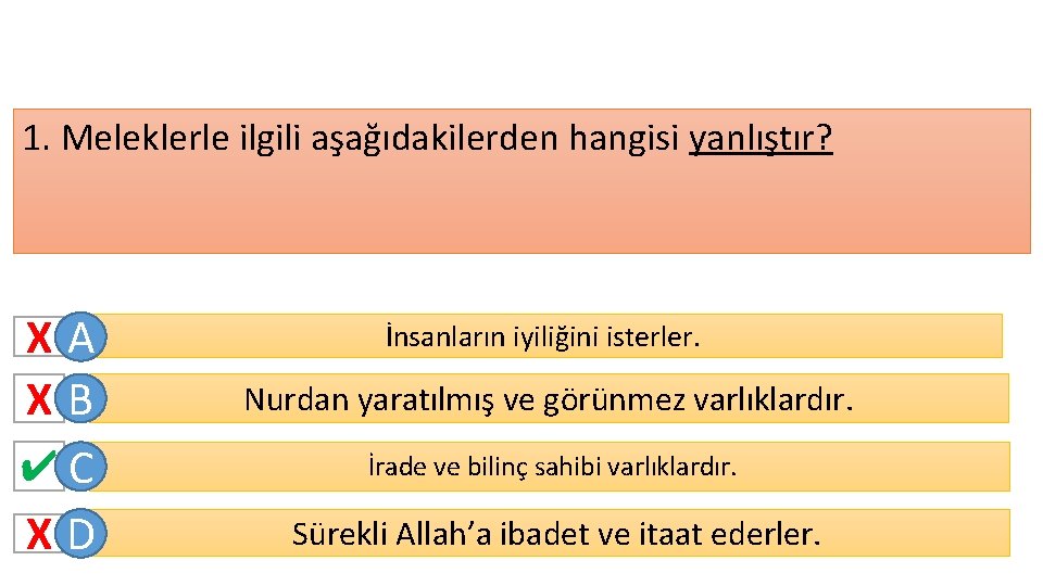 1. Meleklerle ilgili aşağıdakilerden hangisi yanlıştır? XA XB ✔C XD İnsanların iyiliğini isterler. Nurdan 1. Meleklerle ilgili aşağıdakilerden hangisi yanlıştır? XA XB ✔C XD İnsanların iyiliğini isterler. Nurdan