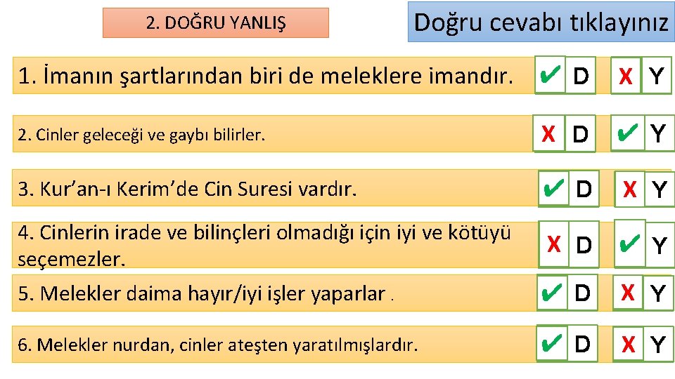 2. DOĞRU YANLIŞ Doğru cevabı tıklayınız 1. İmanın şartlarından biri de meleklere imandır. ✔ 2. DOĞRU YANLIŞ Doğru cevabı tıklayınız 1. İmanın şartlarından biri de meleklere imandır. ✔