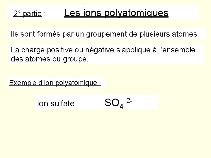 2° partie : Les ions polyatomiques Ils sont formés par un groupement de plusieurs 2° partie : Les ions polyatomiques Ils sont formés par un groupement de plusieurs