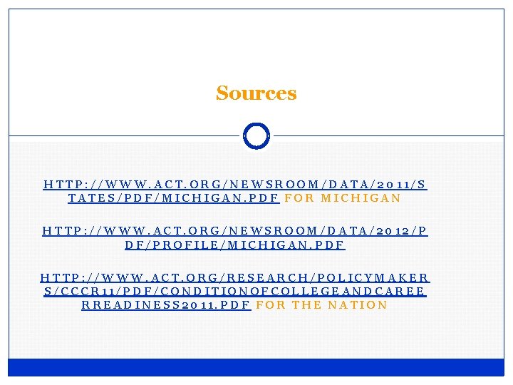 Sources HTTP: //WWW. ACT. ORG/NEWSROOM/DATA/2011/S TATES/PDF/MICHIGAN. PDF FOR MICHIGAN HTTP: //WWW. ACT. ORG/NEWSROOM/DATA/2012/P DF/PROFILE/MICHIGAN. Sources HTTP: //WWW. ACT. ORG/NEWSROOM/DATA/2011/S TATES/PDF/MICHIGAN. PDF FOR MICHIGAN HTTP: //WWW. ACT. ORG/NEWSROOM/DATA/2012/P DF/PROFILE/MICHIGAN.