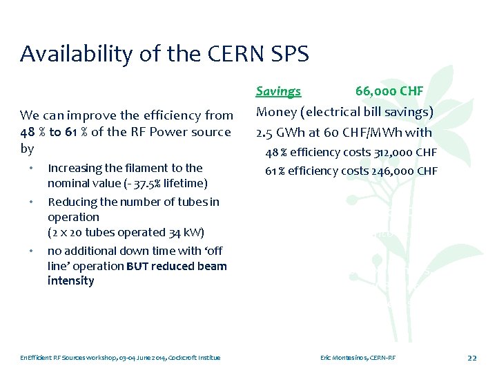 Availability of the CERN SPS Savings We can improve the efficiency from 48 %