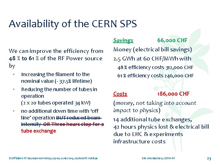 Availability of the CERN SPS Savings We can improve the efficiency from 48 %
