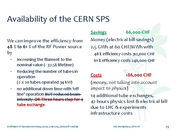 Availability of the CERN SPS Savings We can improve the efficiency from 48 %