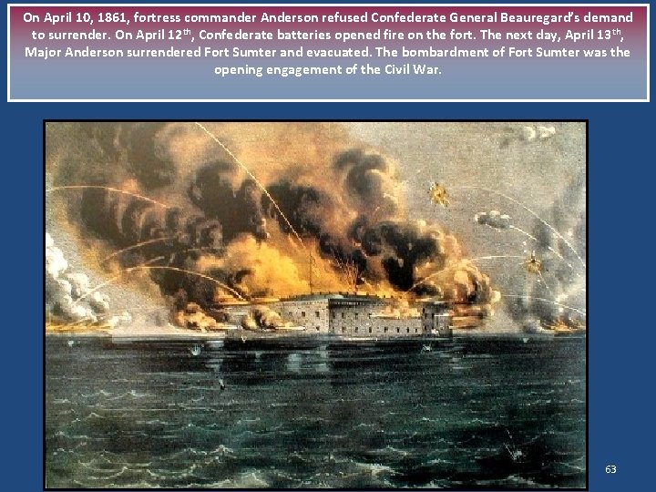 On April 10, 1861, fortress commander Anderson refused Confederate General Beauregard’s demand to surrender.