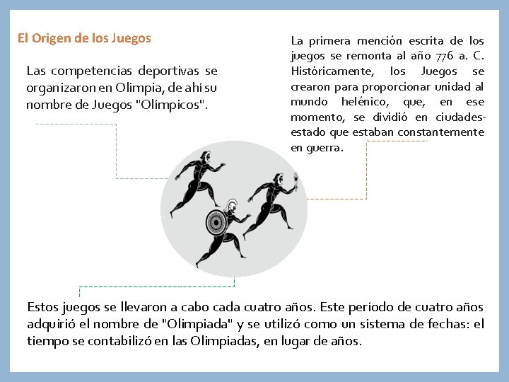 El Origen de los Juegos Las competencias deportivas se organizaron en Olimpia, de ahí