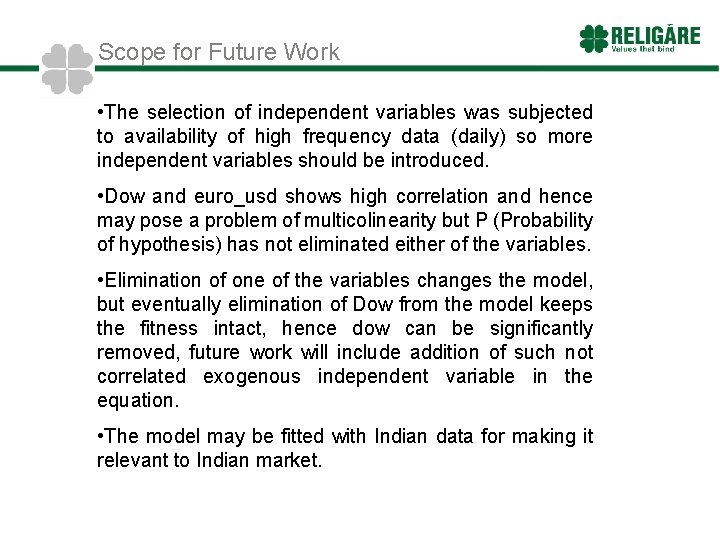 Scope for Future Work • The selection of independent variables was subjected to availability
