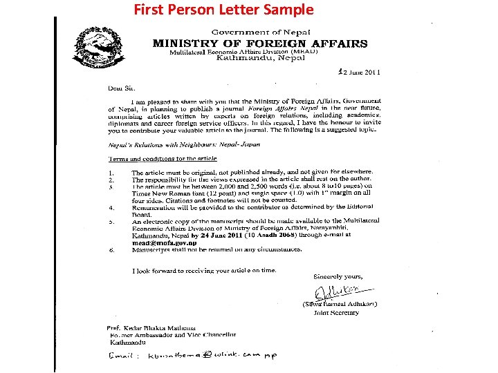 First Person Letter Sample 