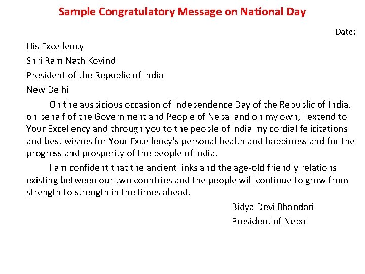 Sample Congratulatory Message on National Day Date: His Excellency Shri Ram Nath Kovind President