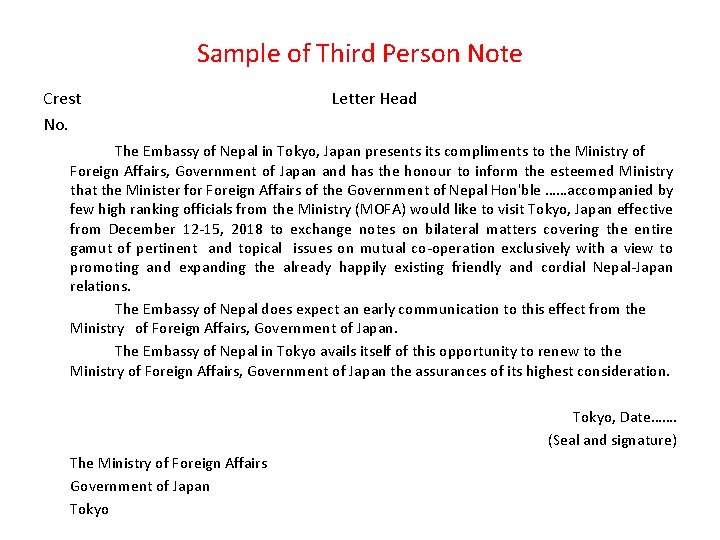 Sample of Third Person Note Crest No. Letter Head The Embassy of Nepal in