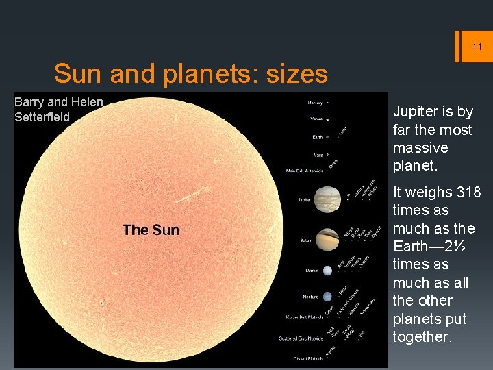 11 Sun and planets: sizes Barry and Helen Setterfield Jupiter is by far the 11 Sun and planets: sizes Barry and Helen Setterfield Jupiter is by far the