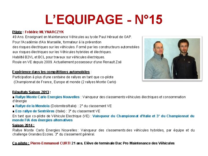 L’EQUIPAGE - N° 15 Pilote : Frédéric MLYNARCZYK 49 Ans. Enseignant en Maintenance Véhicules