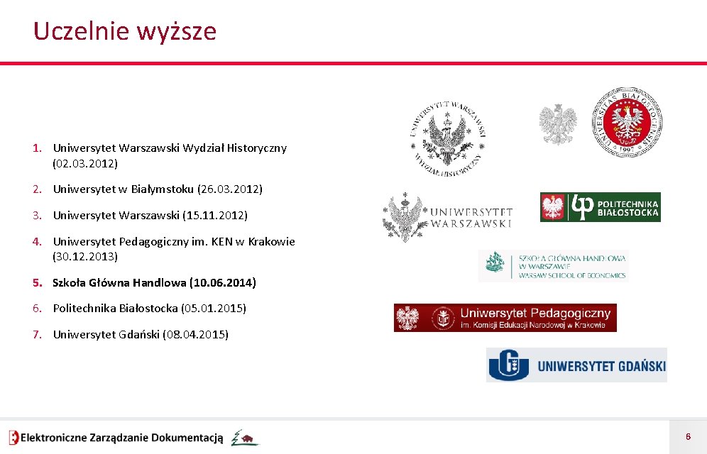 Uczelnie wyższe 1. Uniwersytet Warszawski Wydział Historyczny (02. 03. 2012) 2. Uniwersytet w Białymstoku