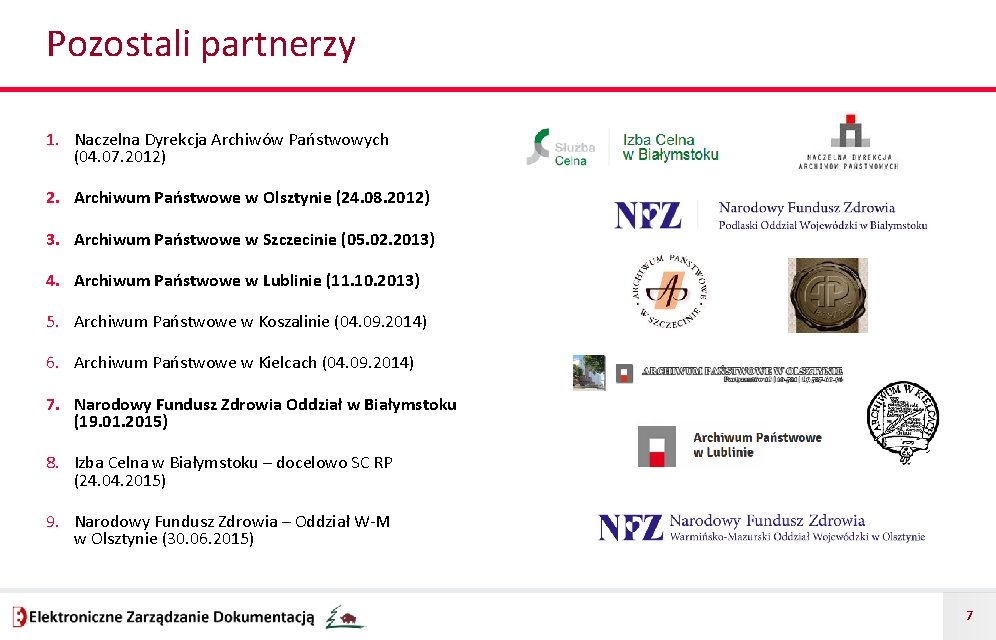 Pozostali partnerzy 1. Naczelna Dyrekcja Archiwów Państwowych (04. 07. 2012) 2. Archiwum Państwowe w