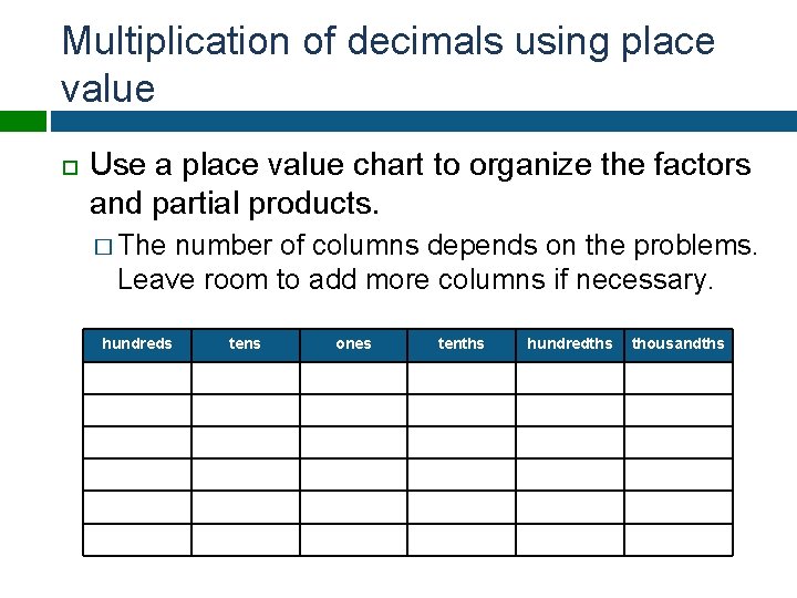 Multiplication of decimals using place value Use a place value chart to organize the