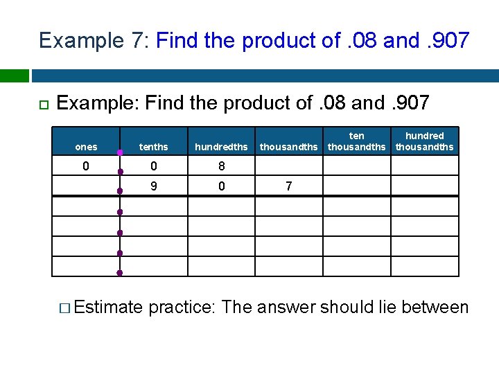 Example 7: Find the product of. 08 and. 907 Example: Find the product of.