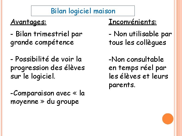 Bilan logiciel maison Avantages: Inconvénients: - Bilan trimestriel par grande compétence - Non utilisable