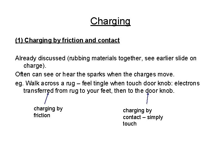 Charging (1) Charging by friction and contact Already discussed (rubbing materials together, see earlier