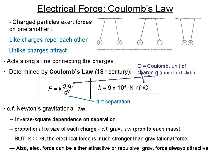 Electrical Force: Coulomb’s Law • Charged particles exert forces on one another : Like