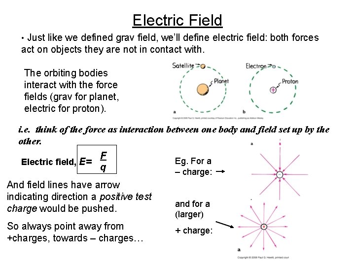 Electric Field • Just like we defined grav field, we’ll define electric field: both