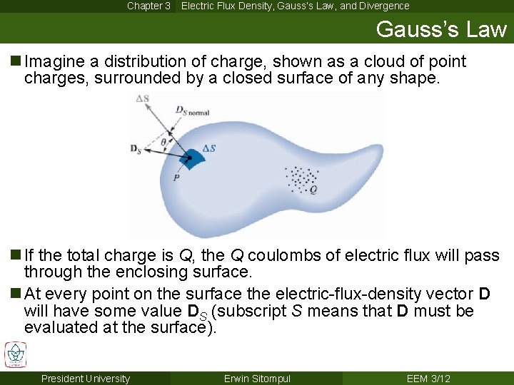 Chapter 3 Electric Flux Density, Gauss’s Law, and Divergence Gauss’s Law n Imagine a