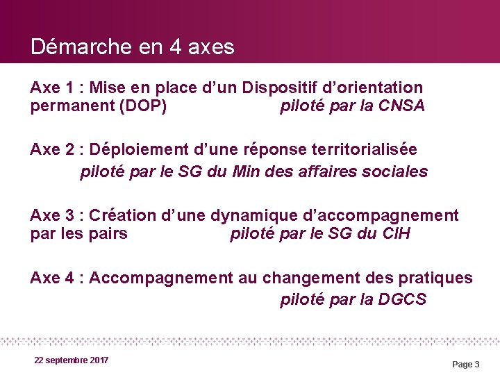 Démarche en 4 axes Axe 1 : Mise en place d’un Dispositif d’orientation permanent