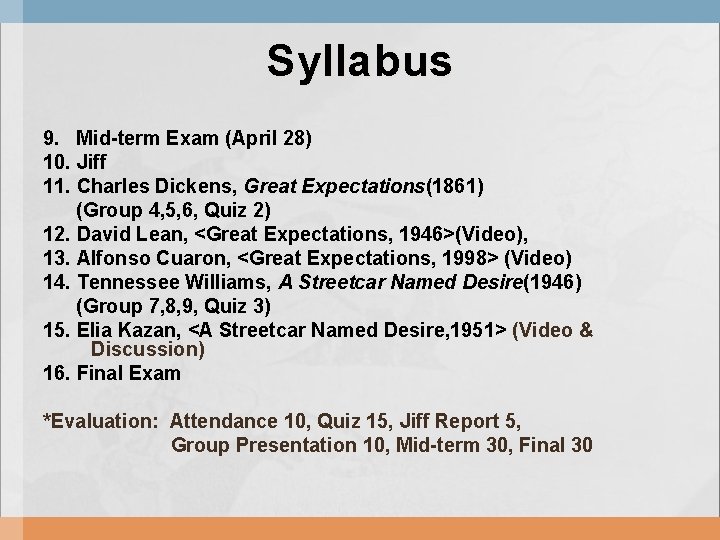 Syllabus 9. Mid-term Exam (April 28) 10. Jiff 11. Charles Dickens, Great Expectations(1861) (Group