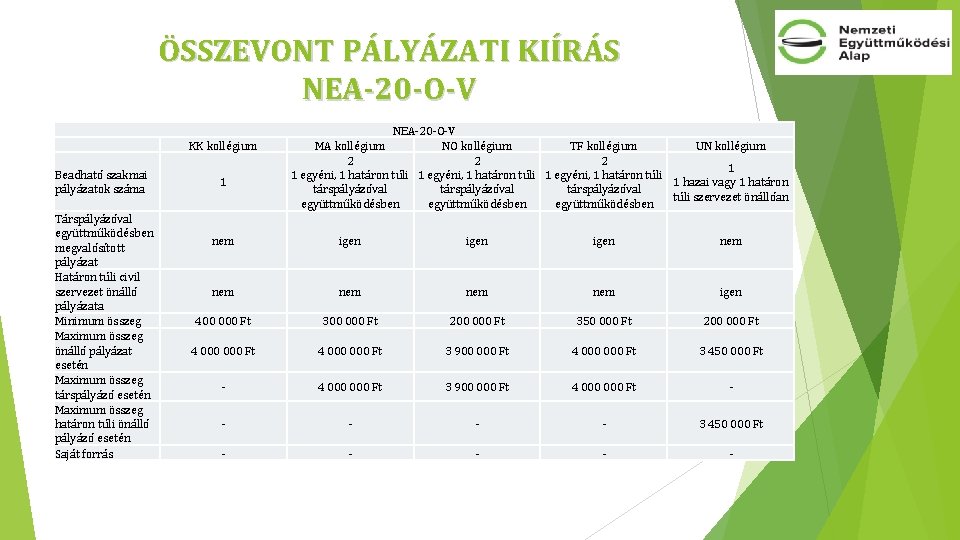 ÖSSZEVONT PÁLYÁZATI KIÍRÁS NEA-20 -O-V Beadható szakmai pályázatok száma Társpályázóval együttműködésben megvalósított pályázat Határon