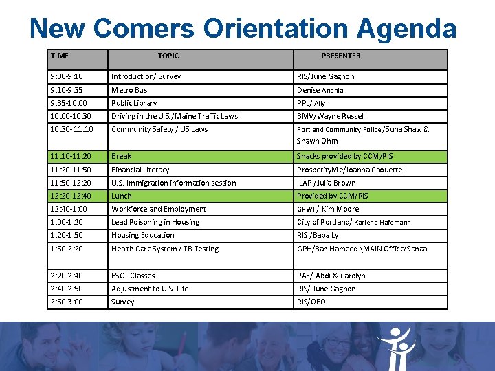 New Comers Orientation Agenda TIME TOPIC PRESENTER 9: 00 -9: 10 Introduction/ Survey RIS/June New Comers Orientation Agenda TIME TOPIC PRESENTER 9: 00 -9: 10 Introduction/ Survey RIS/June