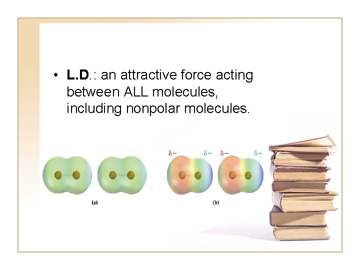  • L. D. : an attractive force acting between ALL molecules, including nonpolar