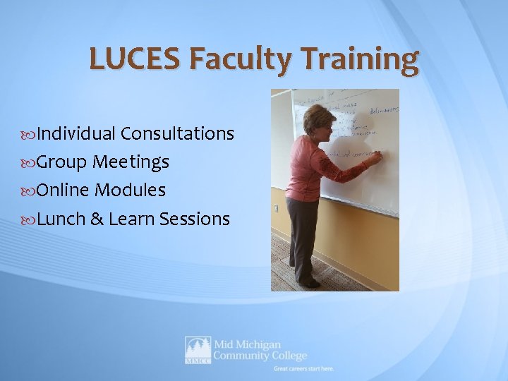 LUCES Faculty Training Individual Consultations Group Meetings Online Modules Lunch & Learn Sessions LUCES Faculty Training Individual Consultations Group Meetings Online Modules Lunch & Learn Sessions