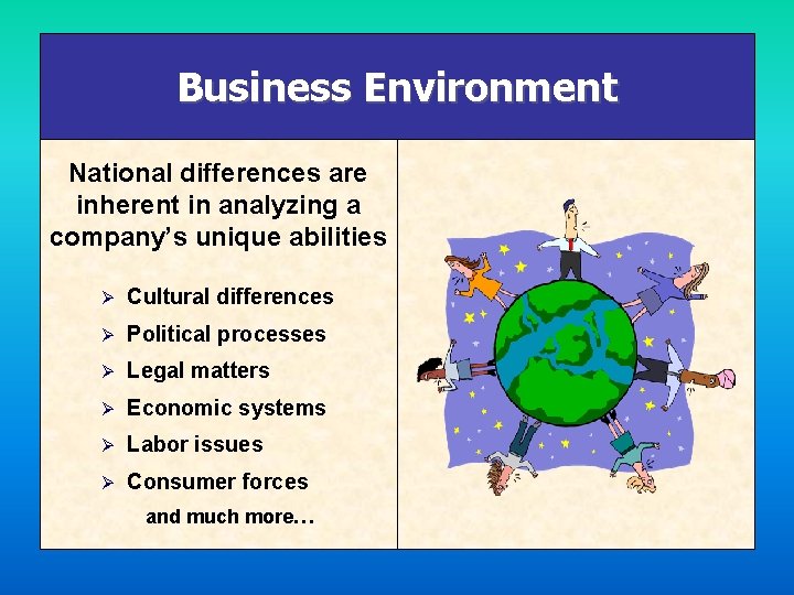 Business Environment National differences are inherent in analyzing a company’s unique abilities Ø Cultural